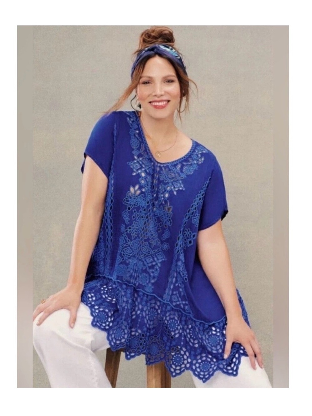 Johnny Was Cobalt Blue Floral Cut Out Embroidered Eyelet-Tier Tunic Med A-Line